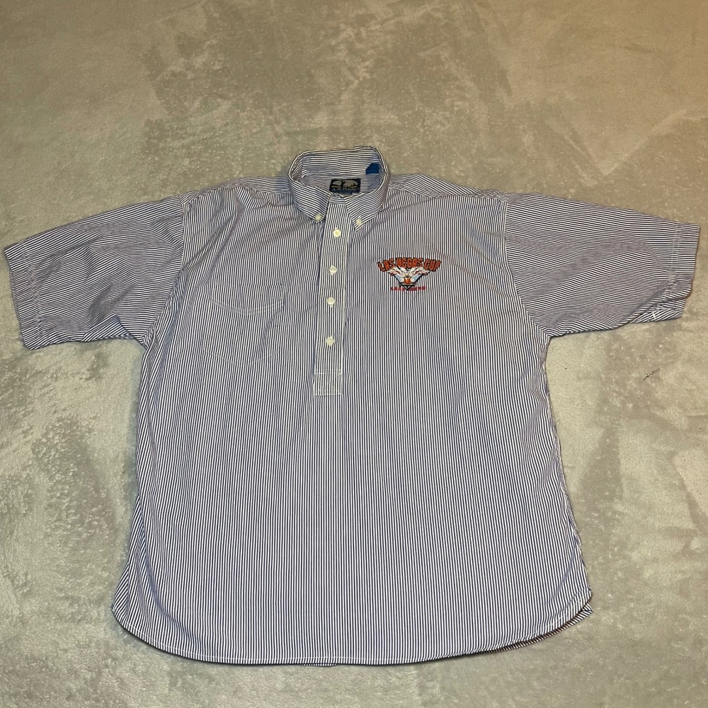 Vintage AM Player Shirt Mens XL Blue White Striped Las Vegas Cup Lake Mead Polo
